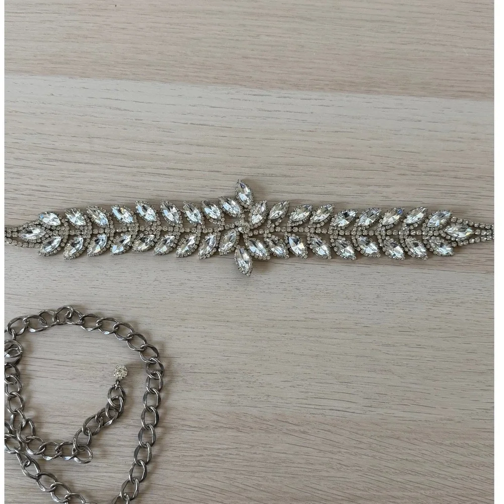 Silver Rhinestone Leaf Statement Belt Adjustable Crystal Chain Bridal Formal
